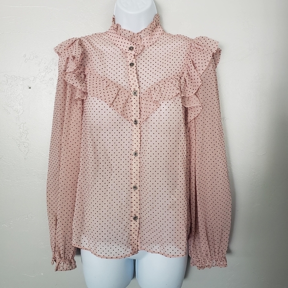 Zara Women's Small Sheer Light Pink Long Sleeve Blouse Red Velvet Polka Dots Top - Picture 1 of 9
